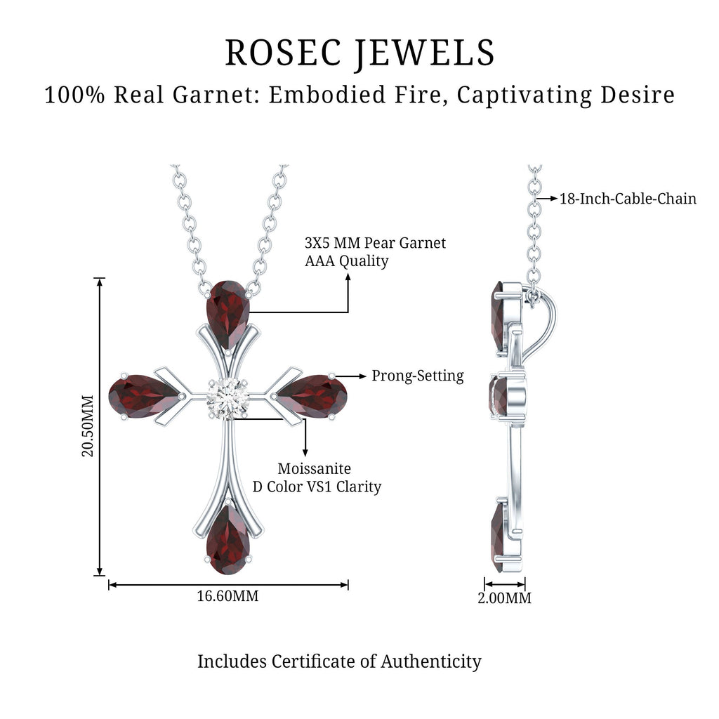 Garnet Cross Necklace – Faith Symbol Pendant with Pear Shaped Garnet, Moissanite & Silver Chain