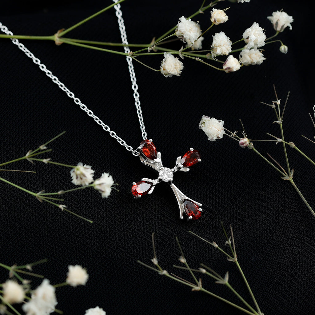 Garnet Cross Necklace – Faith Symbol Pendant with Pear Shaped Garnet, Moissanite & Silver Chain