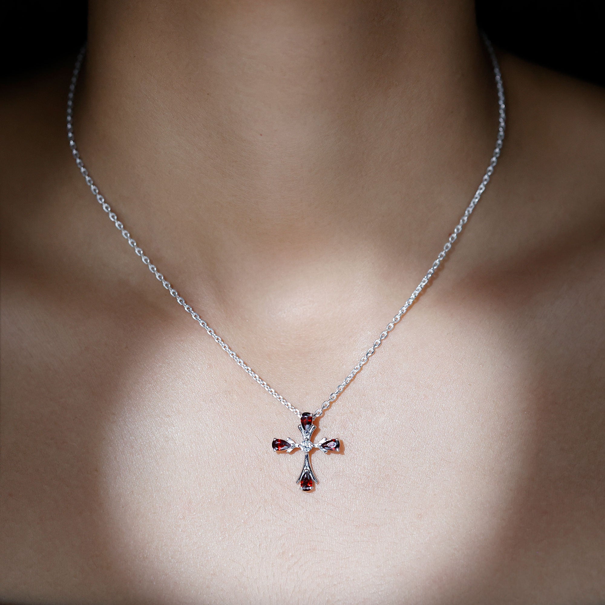 Garnet Cross Necklace – Faith Symbol Pendant with Pear Shaped Garnet, Moissanite & Silver Chain