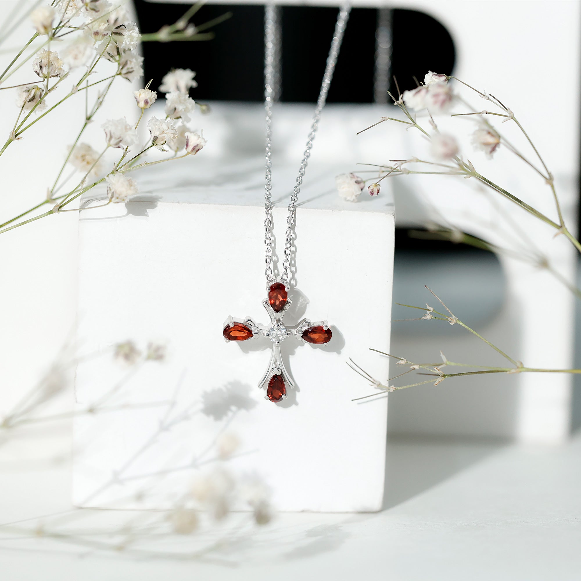 Garnet Cross Necklace – Faith Symbol Pendant with Pear Shaped Garnet, Moissanite & Silver Chain