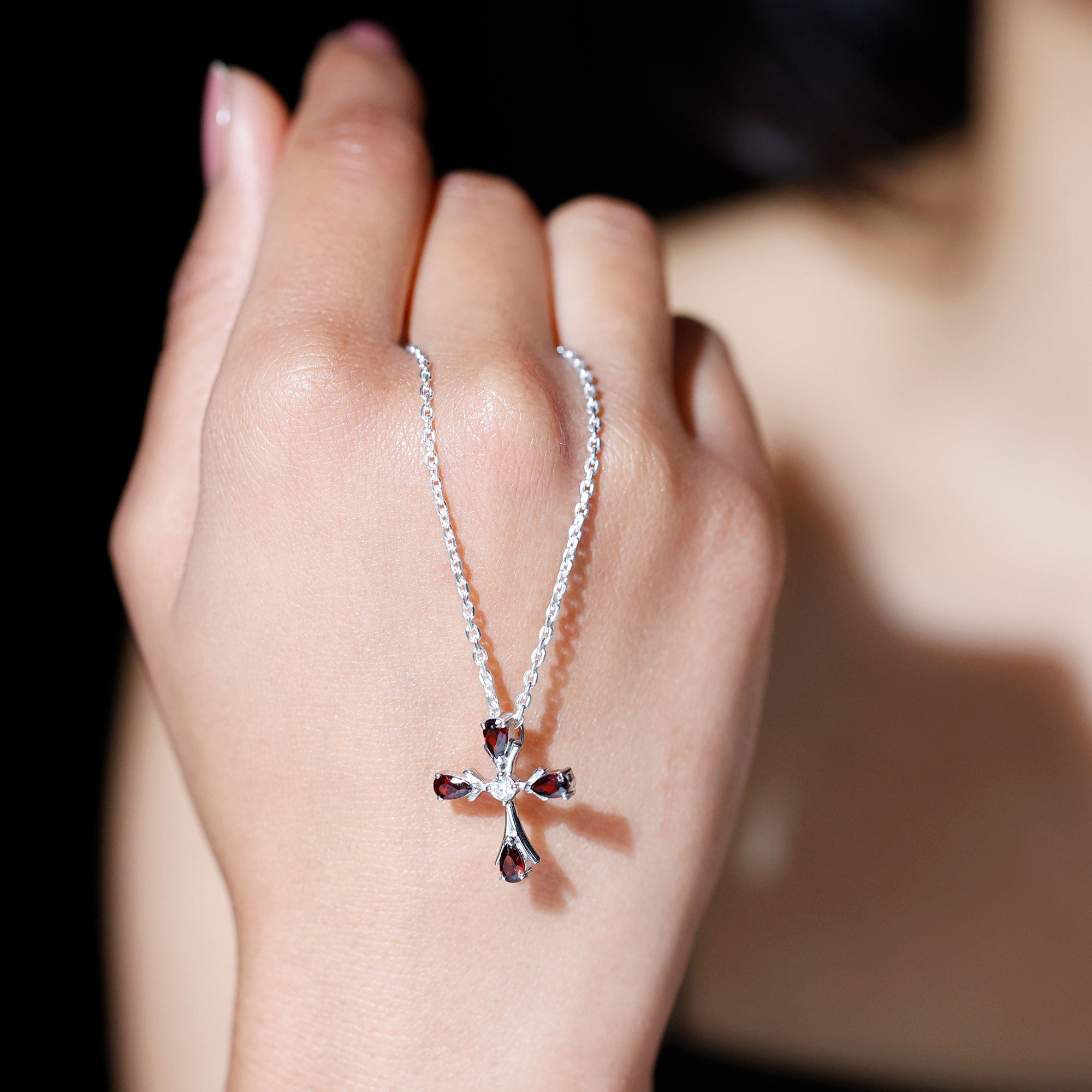 Garnet Cross Necklace – Faith Symbol Pendant with Pear Shaped Garnet, Moissanite & Silver Chain