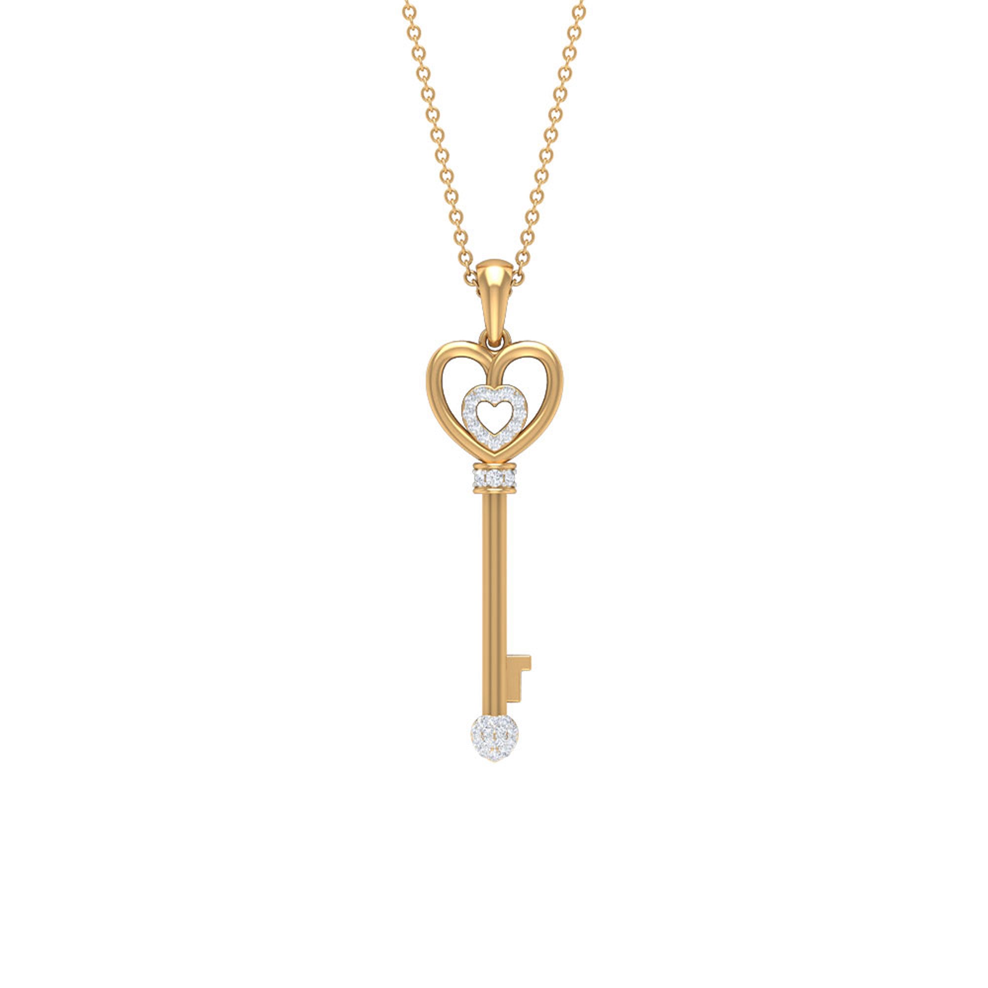Diamond Key Necklace – Vintage Style Heart Pendant With Prong Setting Diamonds