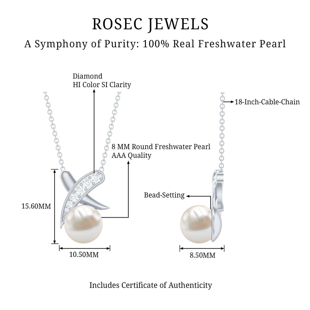 Freshwater Pearl Necklace - XO Pearl Pendant With Diamond Charm In Hallmarked Metal