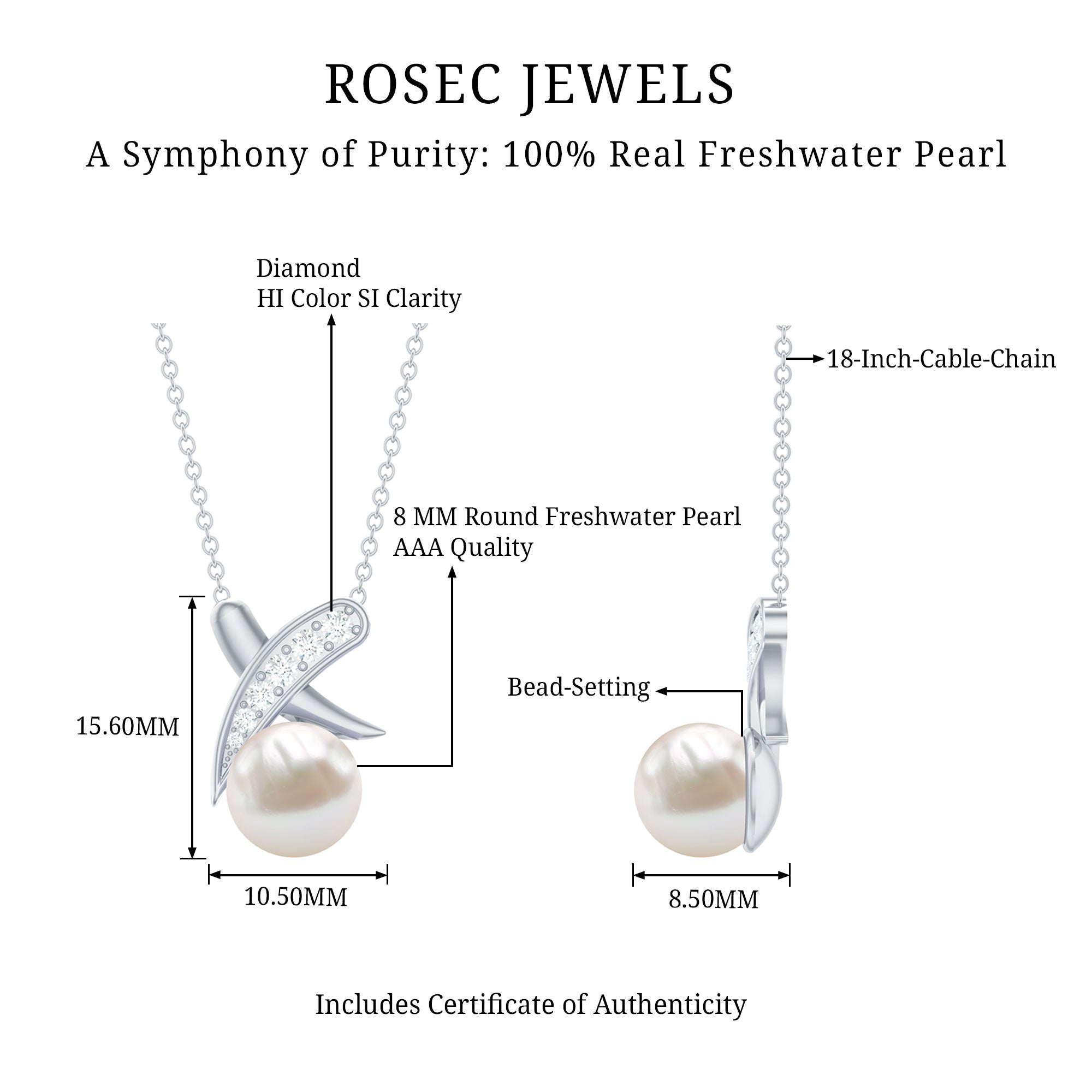 Freshwater Pearl Necklace - XO Pearl Pendant With Diamond Charm In Hallmarked Metal