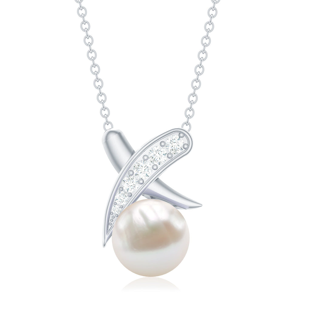 Freshwater Pearl Necklace - XO Pearl Pendant With Diamond Charm In Hallmarked Metal
