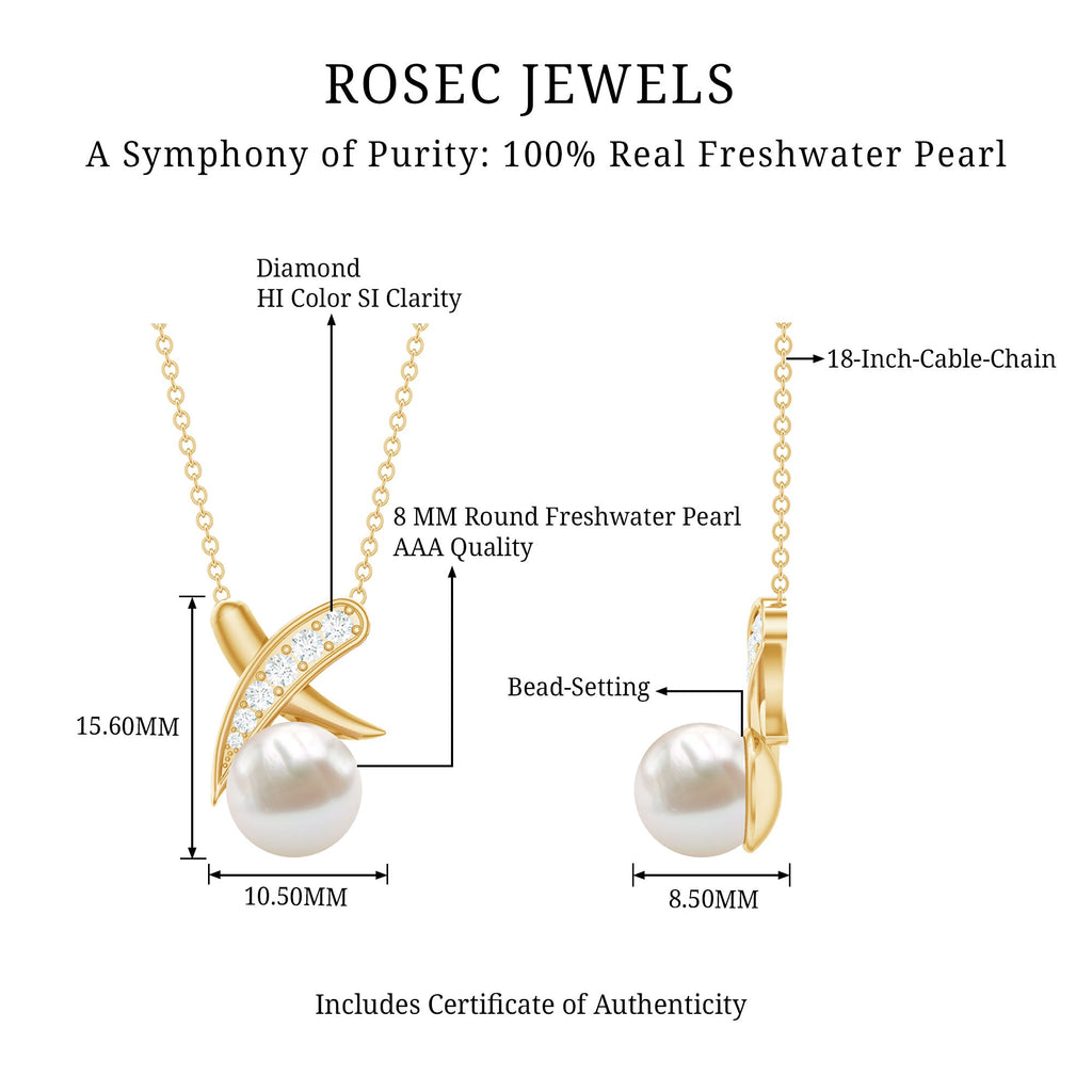Freshwater Pearl Necklace - XO Pearl Pendant With Diamond Charm In Hallmarked Metal