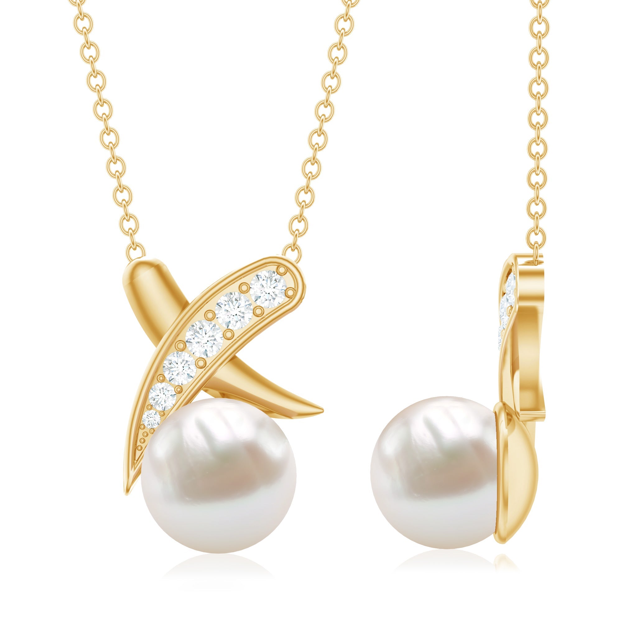 Freshwater Pearl Necklace - XO Pearl Pendant With Diamond Charm In Hallmarked Metal