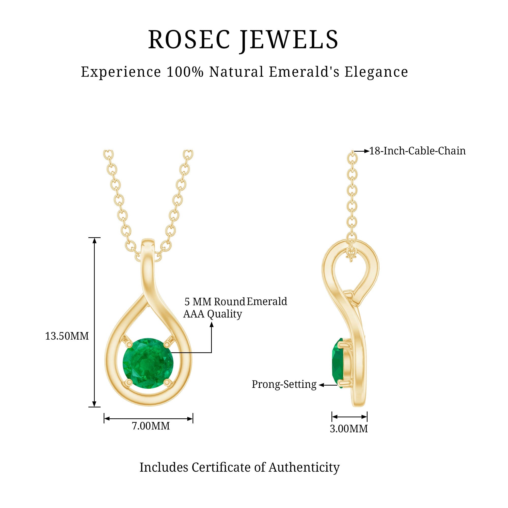 Emerald Teardrop Necklace – Solitaire Emerald Pendant With Round Cut AAA Gemstone
