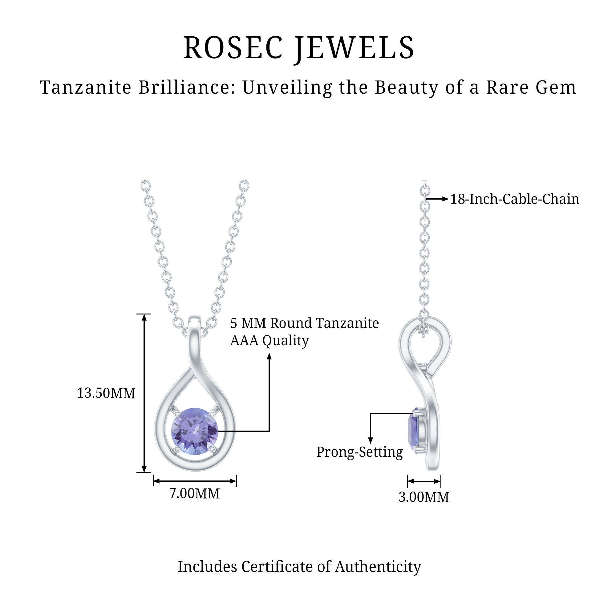 Tanzanite Teardrop Pendant - 0.5 Carat Round Cut AAA Quality Solitaire Necklace