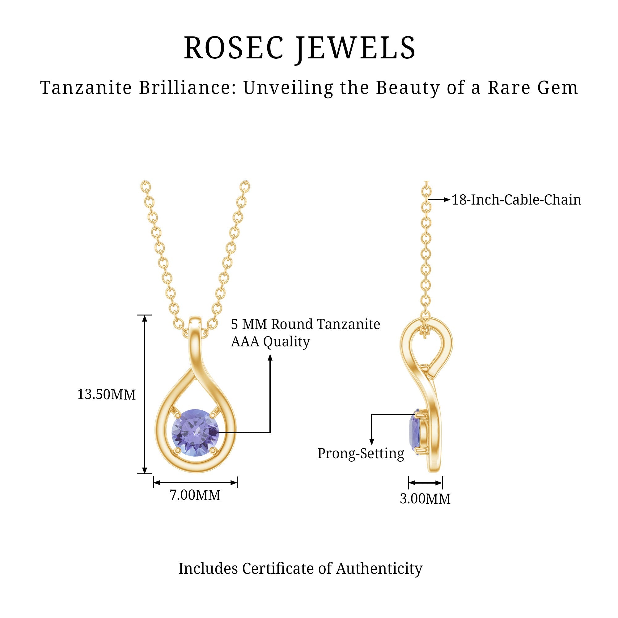 Tanzanite Teardrop Pendant - 0.5 Carat Round Cut AAA Quality Solitaire Necklace