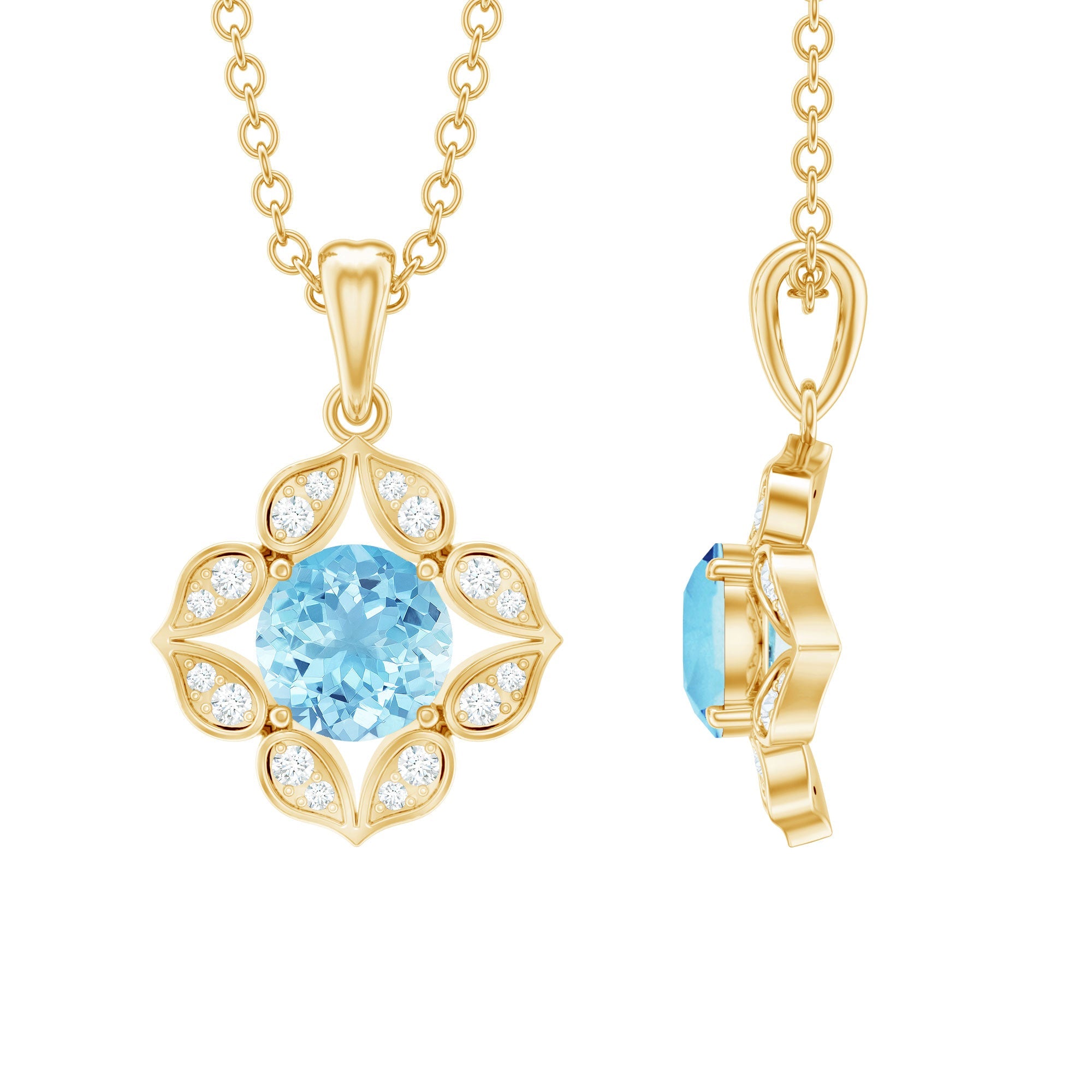 Aquamarine Flower Pendant – Diamond Pendant Necklace | Natural Aquamarine Jewelry