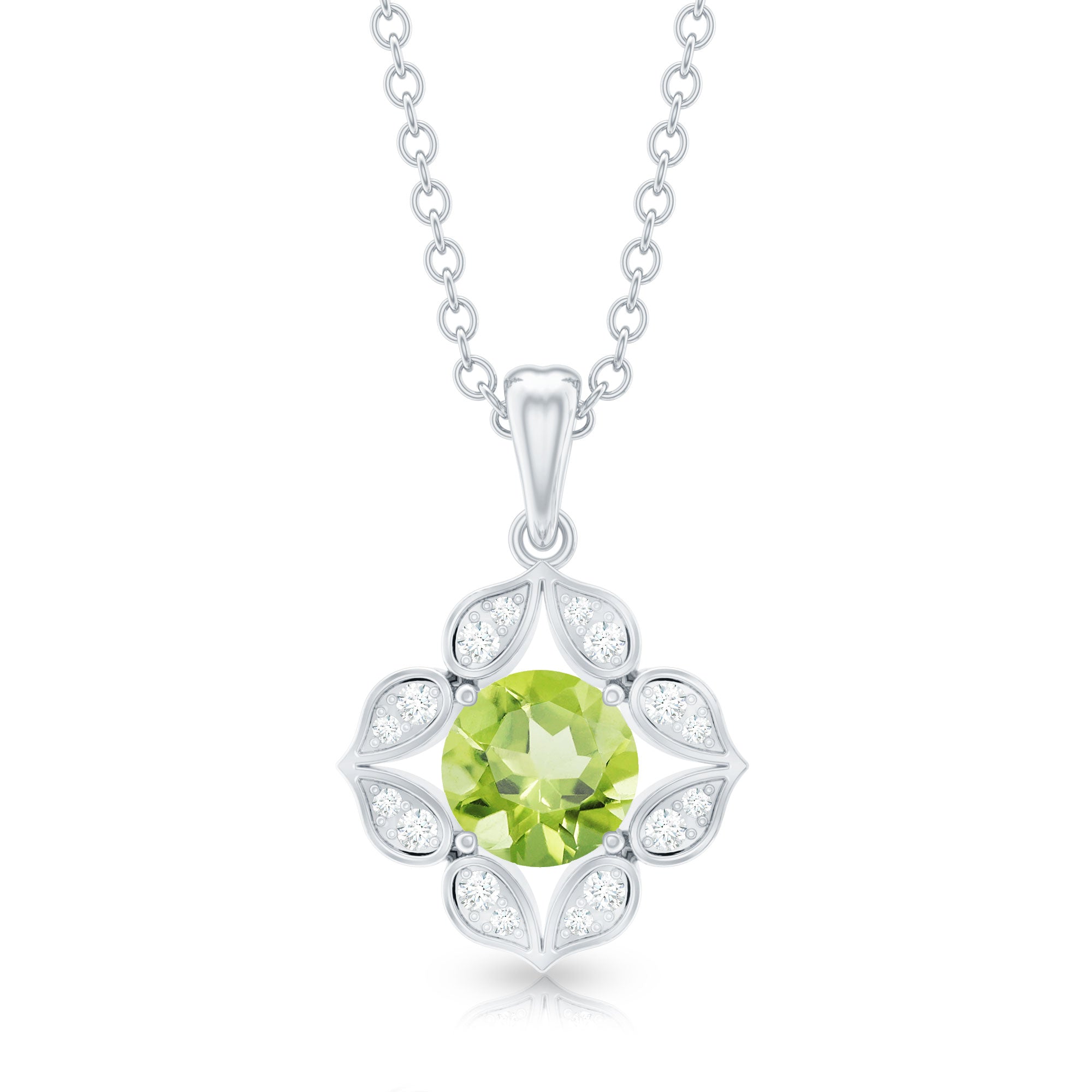 Peridot Flower Pendant - Vintage Style Necklace with AAA Quality Peridot & Diamonds