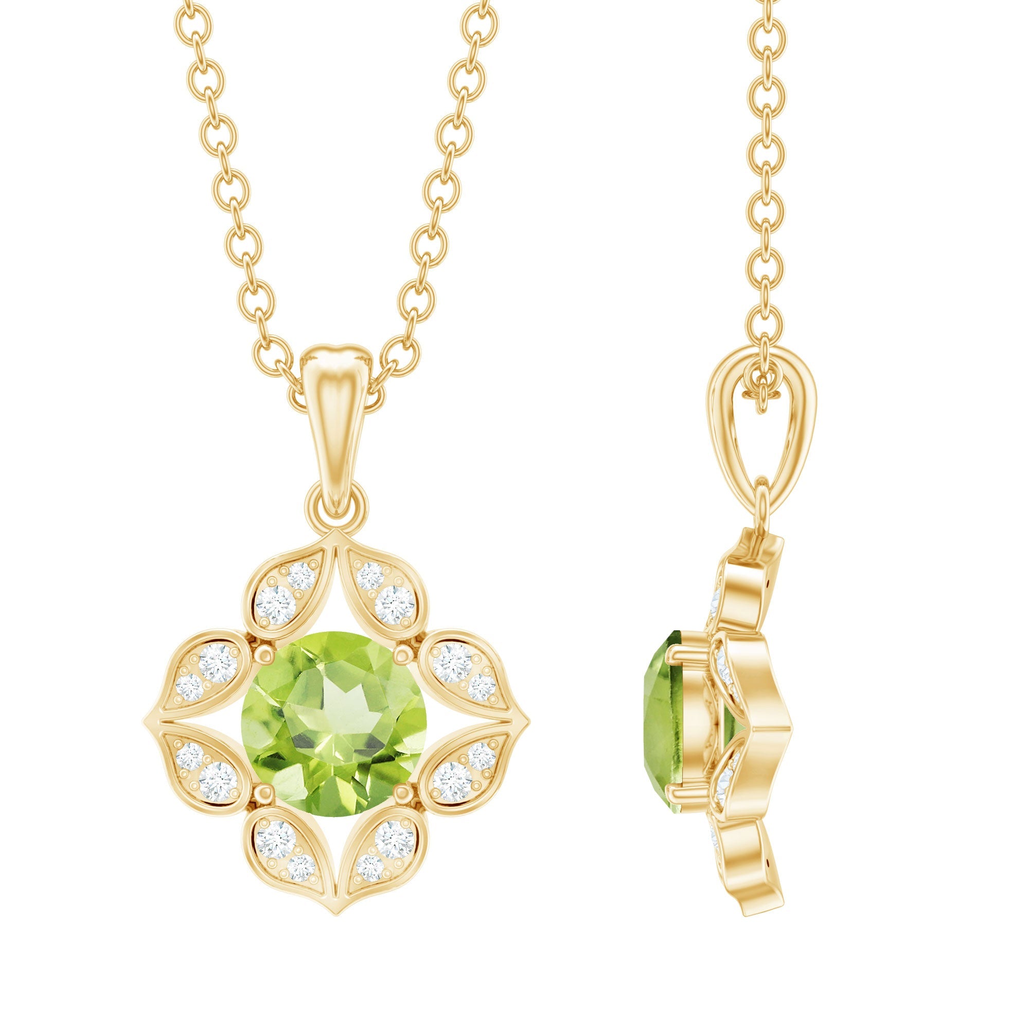 Peridot Flower Pendant - Vintage Style Necklace with AAA Quality Peridot & Diamonds