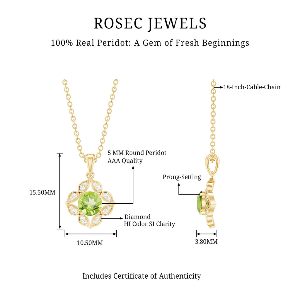 Peridot Flower Pendant - Vintage Style Necklace with AAA Quality Peridot & Diamonds