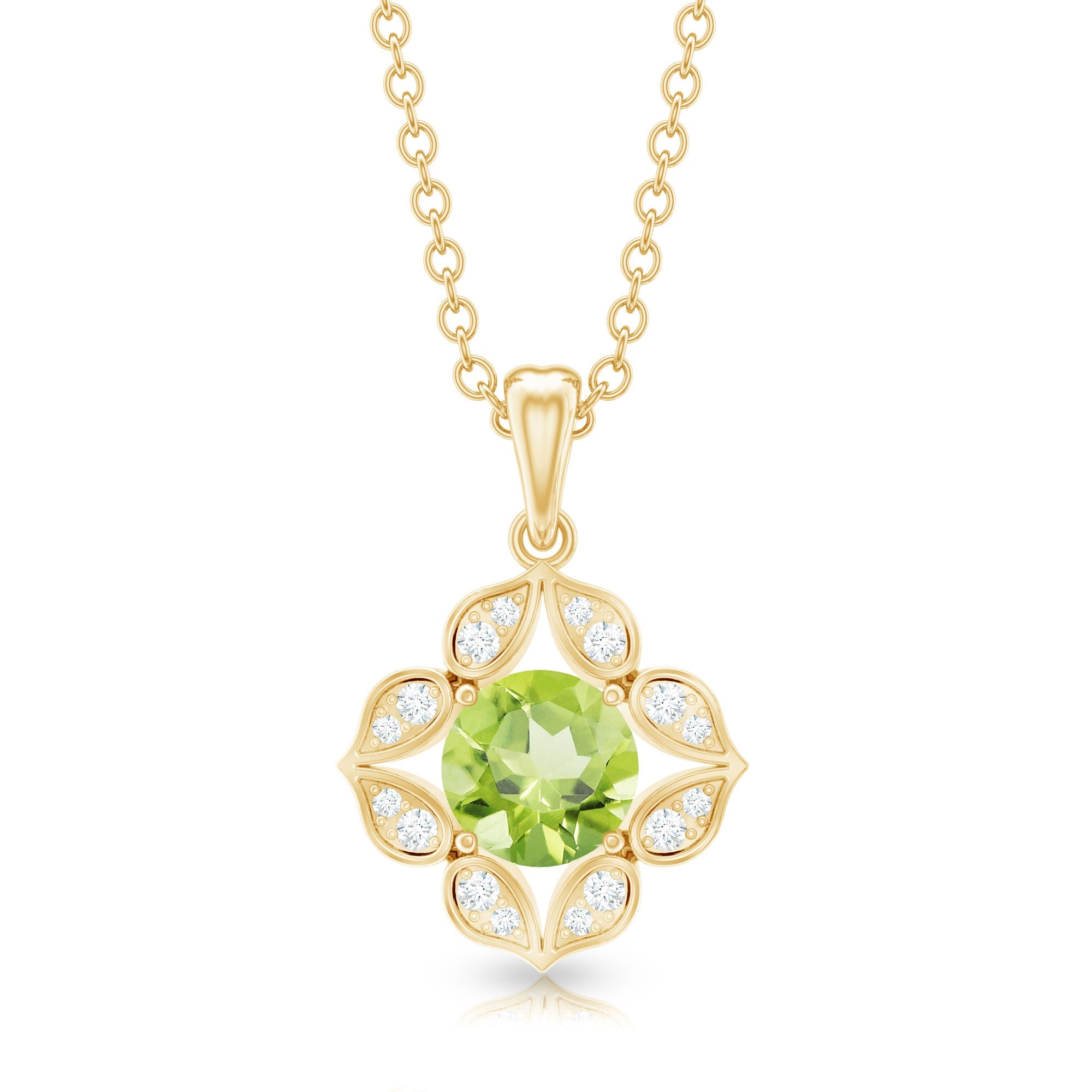 Peridot Flower Pendant - Vintage Style Necklace with AAA Quality Peridot & Diamonds