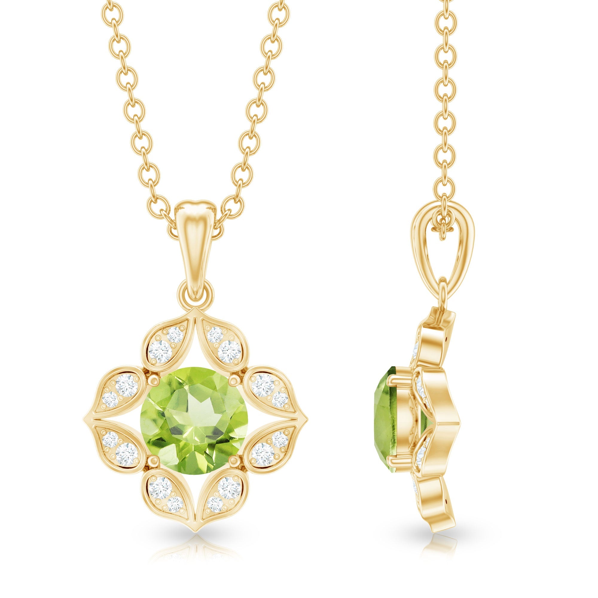 Peridot Flower Pendant - Vintage Style Necklace with AAA Quality Peridot & Diamonds