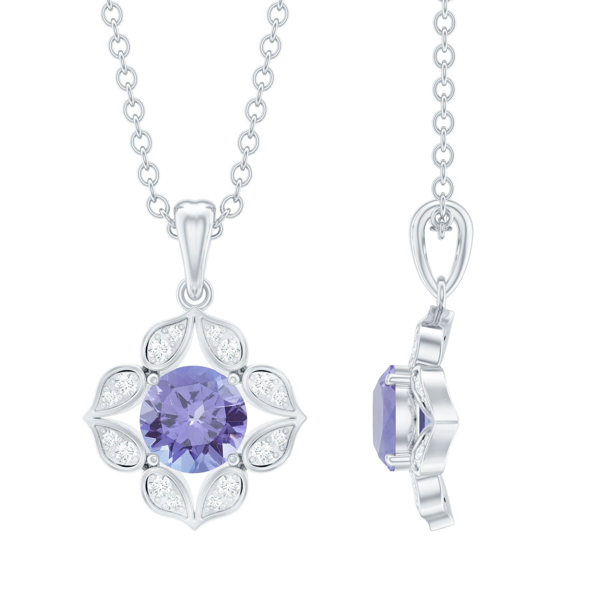 Tanzanite Flower Pendant – 0.5 Carat Round Cut Tanzanite Necklace with Diamond Petals