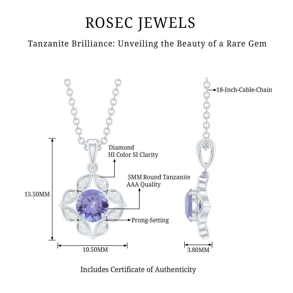 Tanzanite Flower Pendant – 0.5 Carat Round Cut Tanzanite Necklace with Diamond Petals