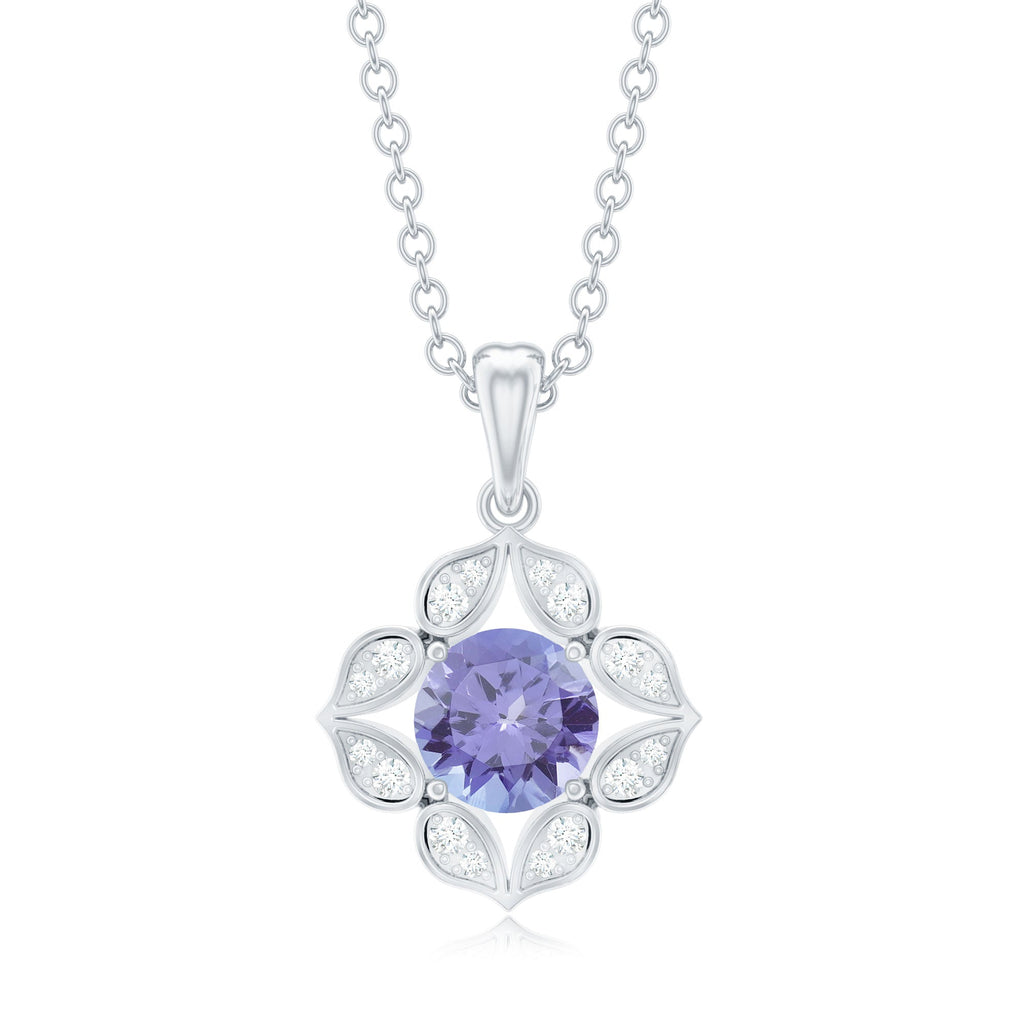 Tanzanite Flower Pendant – 0.5 Carat Round Cut Tanzanite Necklace with Diamond Petals