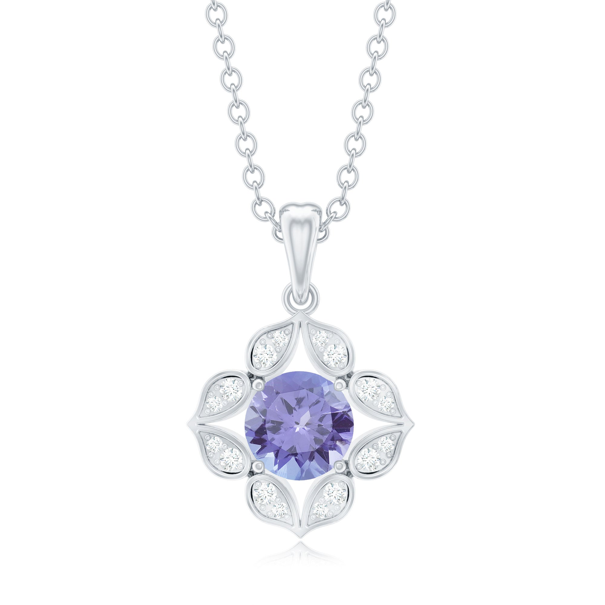 Tanzanite Flower Pendant – 0.5 Carat Round Cut Tanzanite Necklace with Diamond Petals