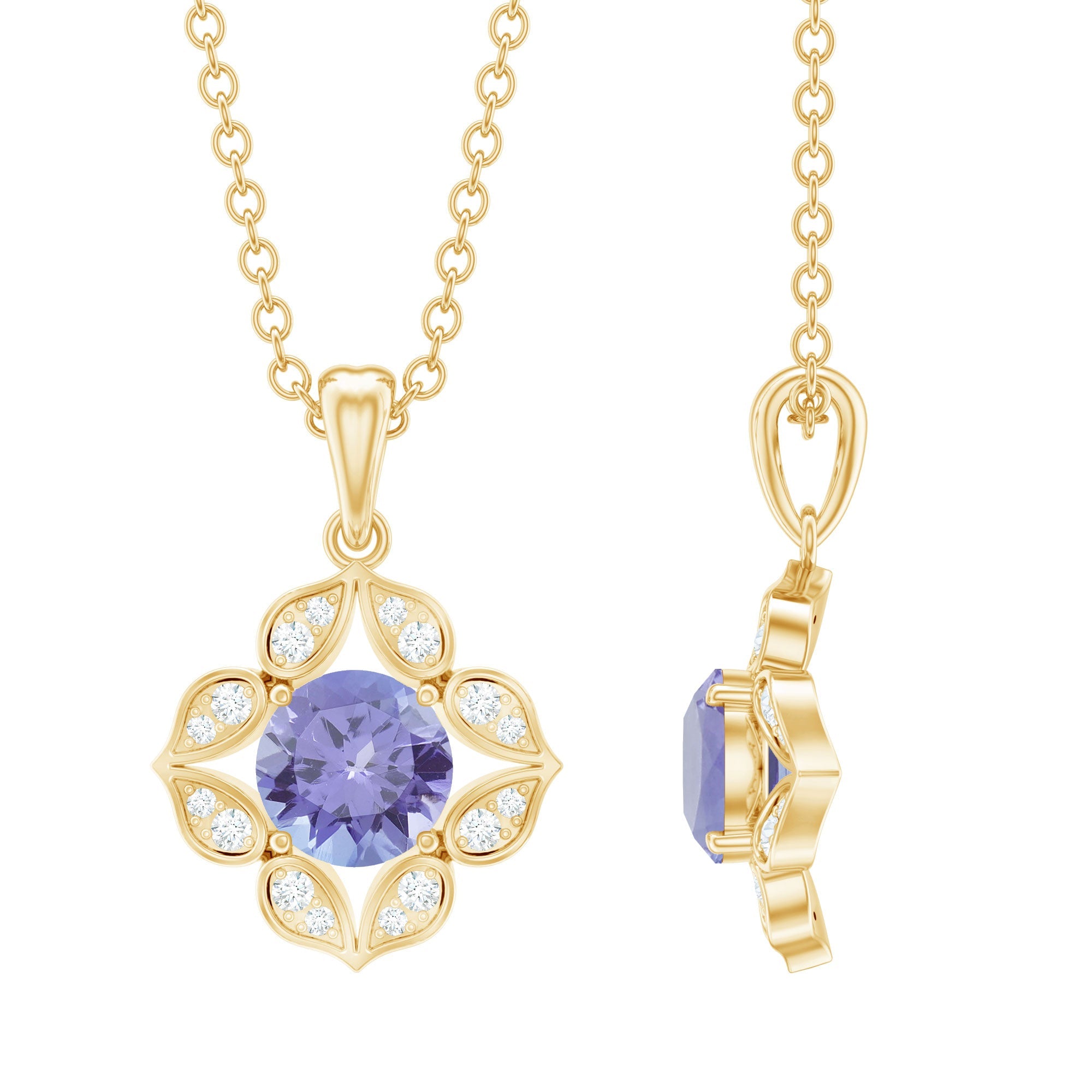 Tanzanite Flower Pendant – 0.5 Carat Round Cut Tanzanite Necklace with Diamond Petals