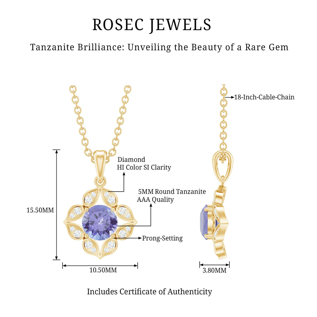 Tanzanite Flower Pendant – 0.5 Carat Round Cut Tanzanite Necklace with Diamond Petals