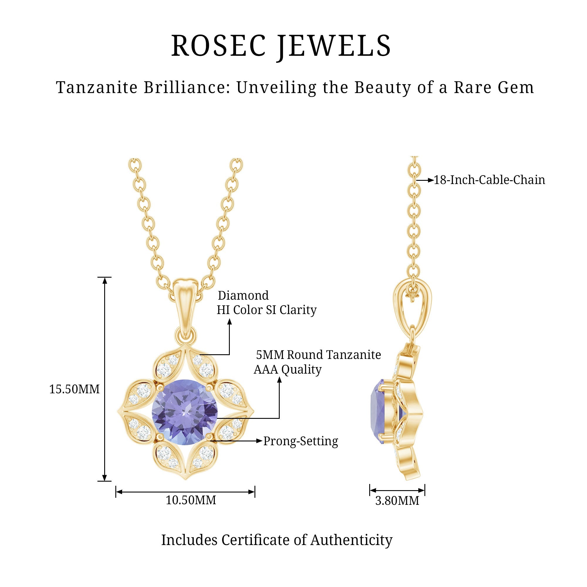 Tanzanite Flower Pendant – 0.5 Carat Round Cut Tanzanite Necklace with Diamond Petals
