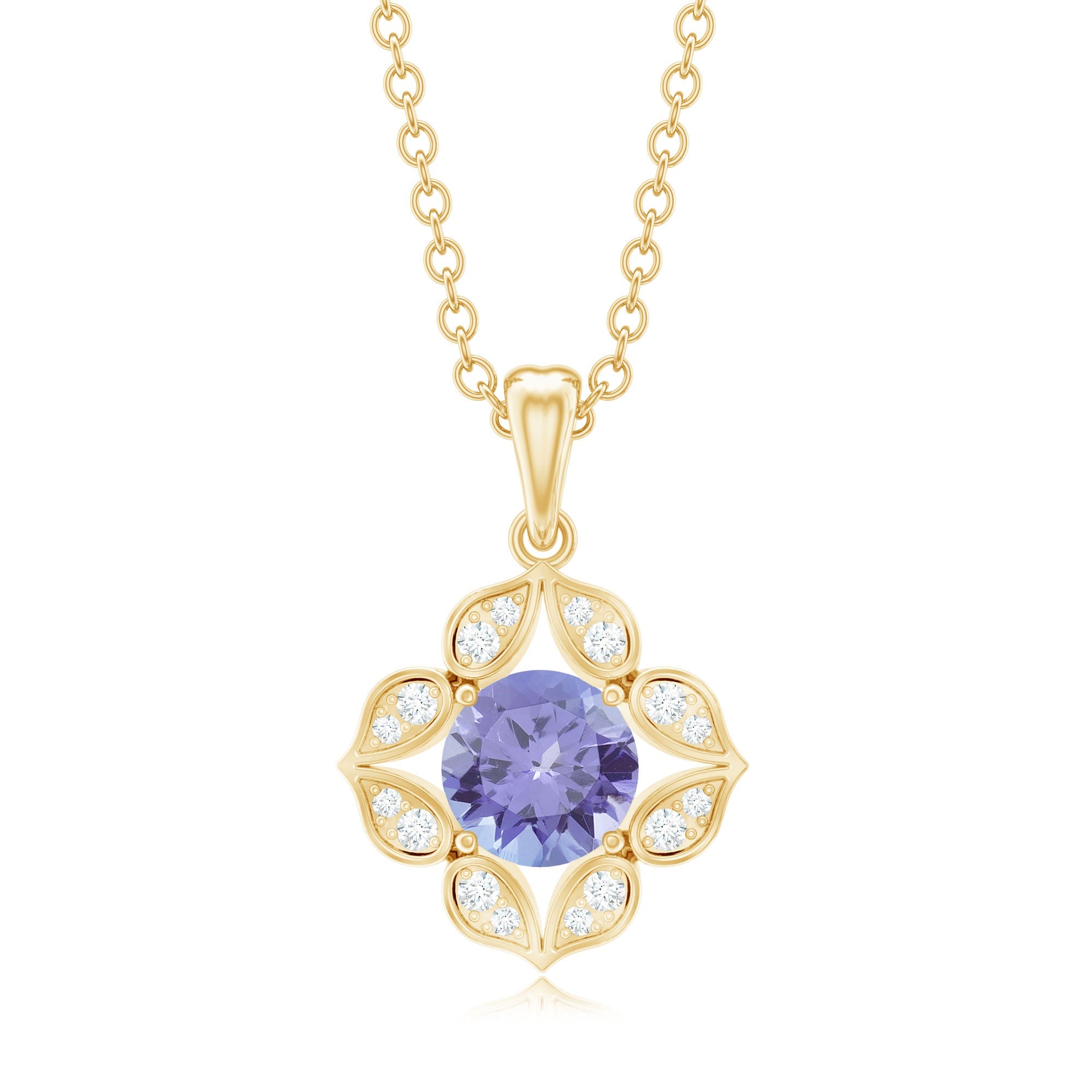 Tanzanite Flower Pendant – 0.5 Carat Round Cut Tanzanite Necklace with Diamond Petals
