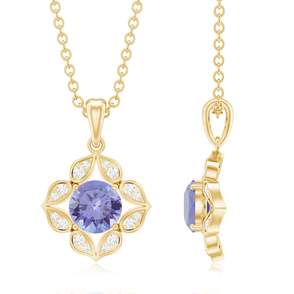 Tanzanite Flower Pendant – 0.5 Carat Round Cut Tanzanite Necklace with Diamond Petals