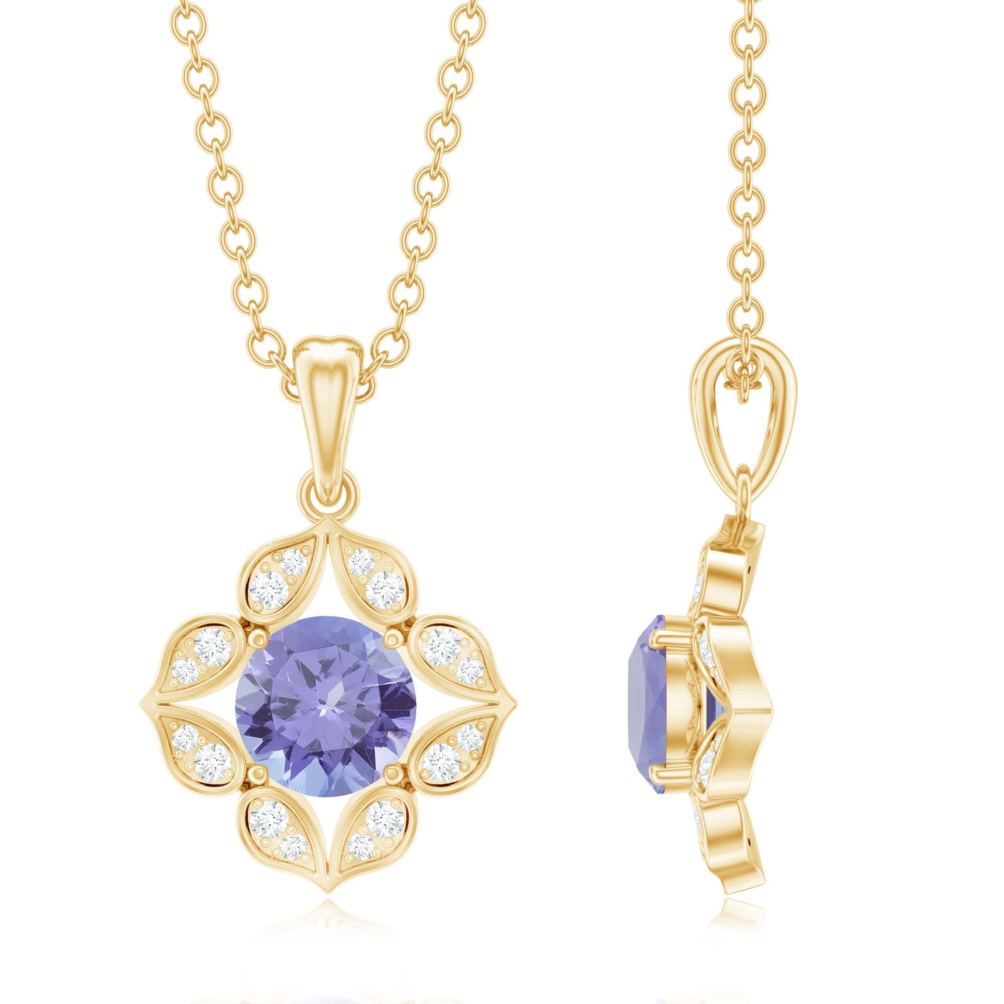 Tanzanite Flower Pendant – 0.5 Carat Round Cut Tanzanite Necklace with Diamond Petals