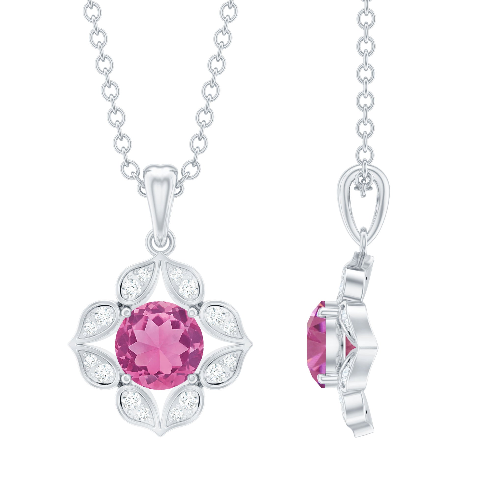 Pink Tourmaline Pendant – Vintage Style Necklace With Diamond Floral Design