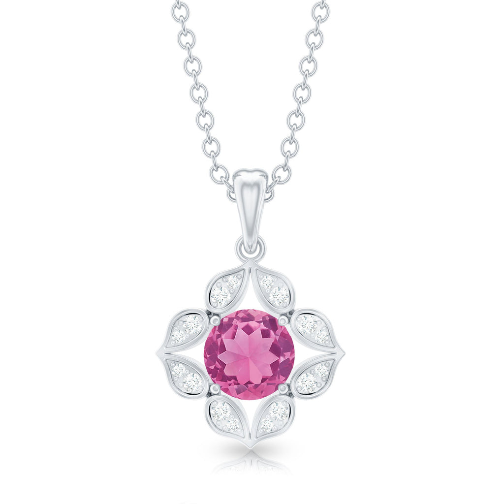 Pink Tourmaline Pendant – Vintage Style Necklace With Diamond Floral Design