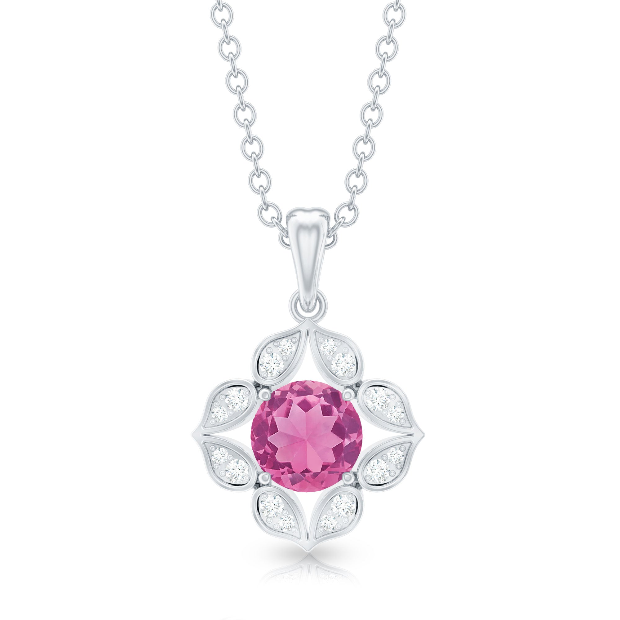 Pink Tourmaline Pendant – Vintage Style Necklace With Diamond Floral Design
