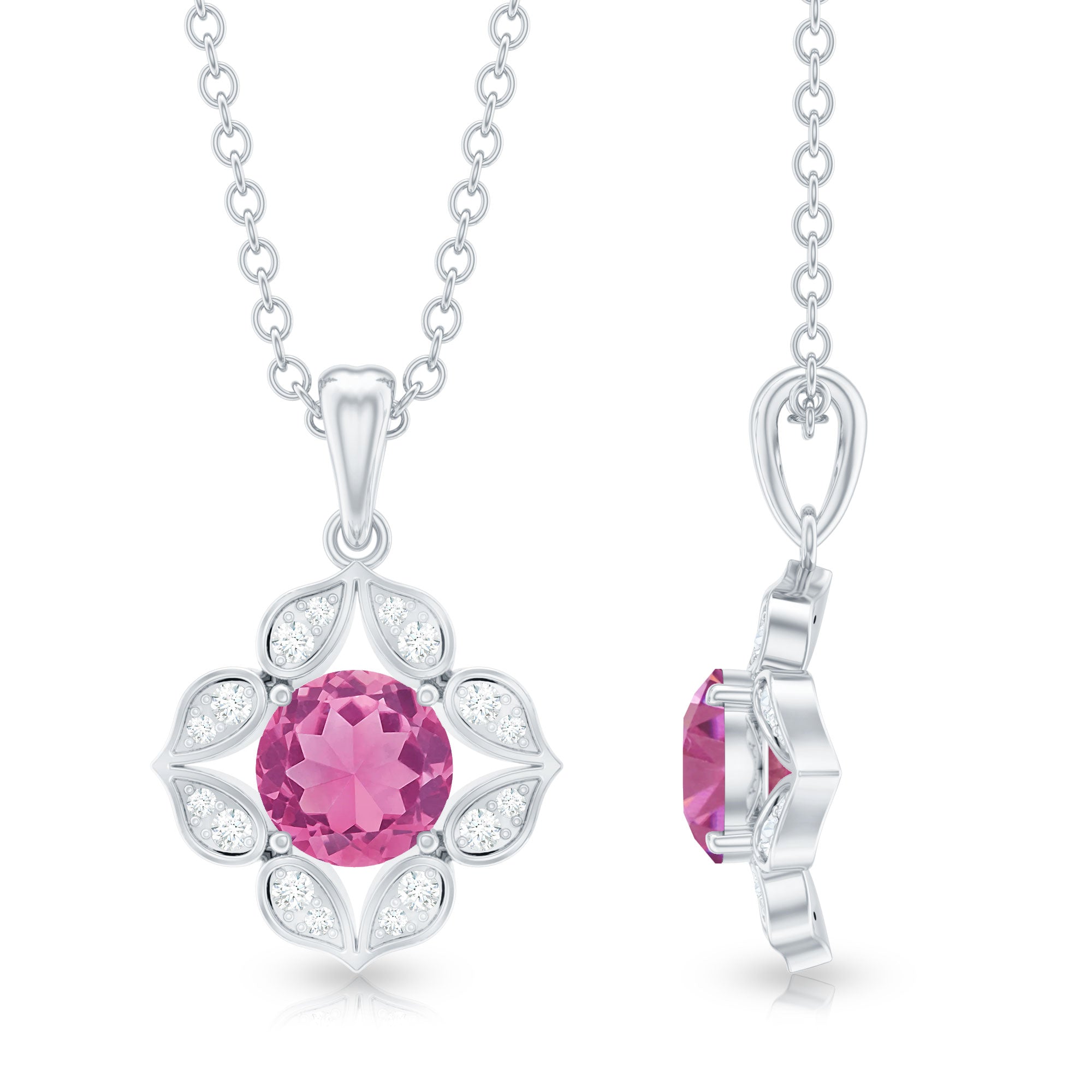Pink Tourmaline Pendant – Vintage Style Necklace With Diamond Floral Design