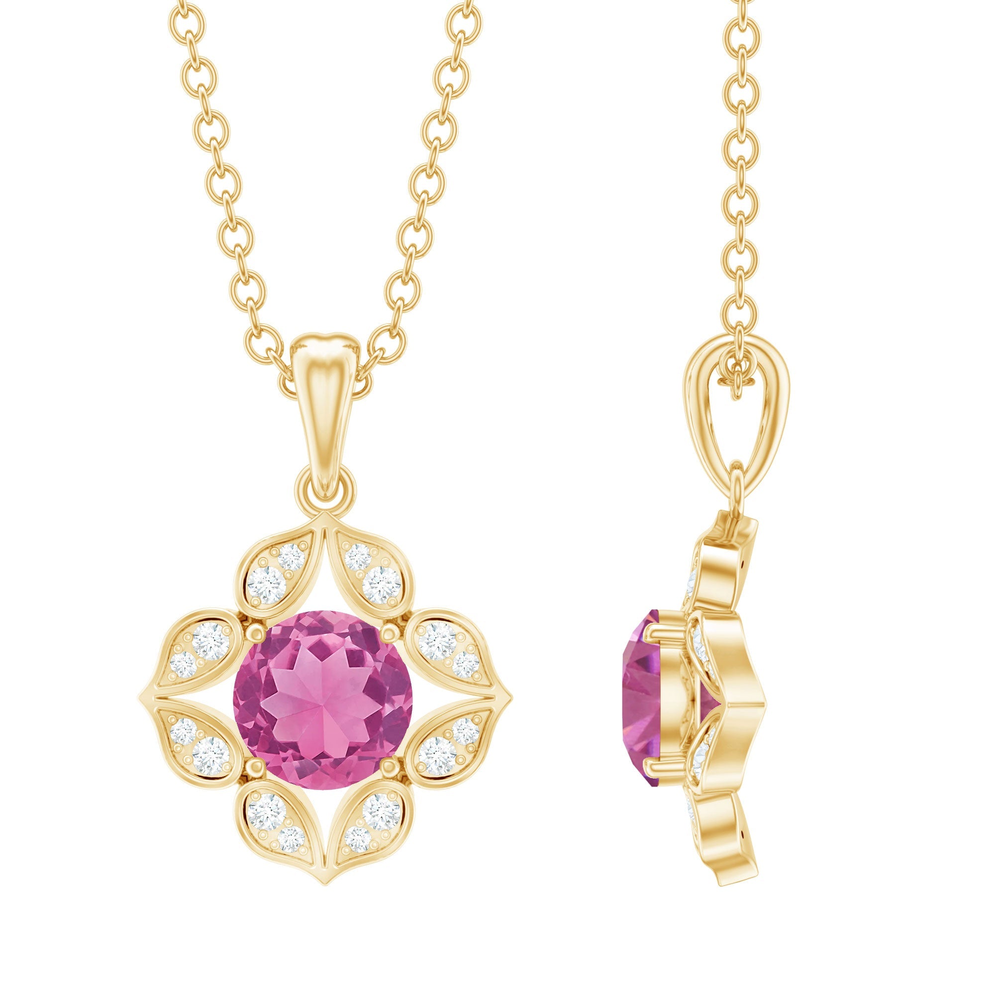 Pink Tourmaline Pendant – Vintage Style Necklace With Diamond Floral Design