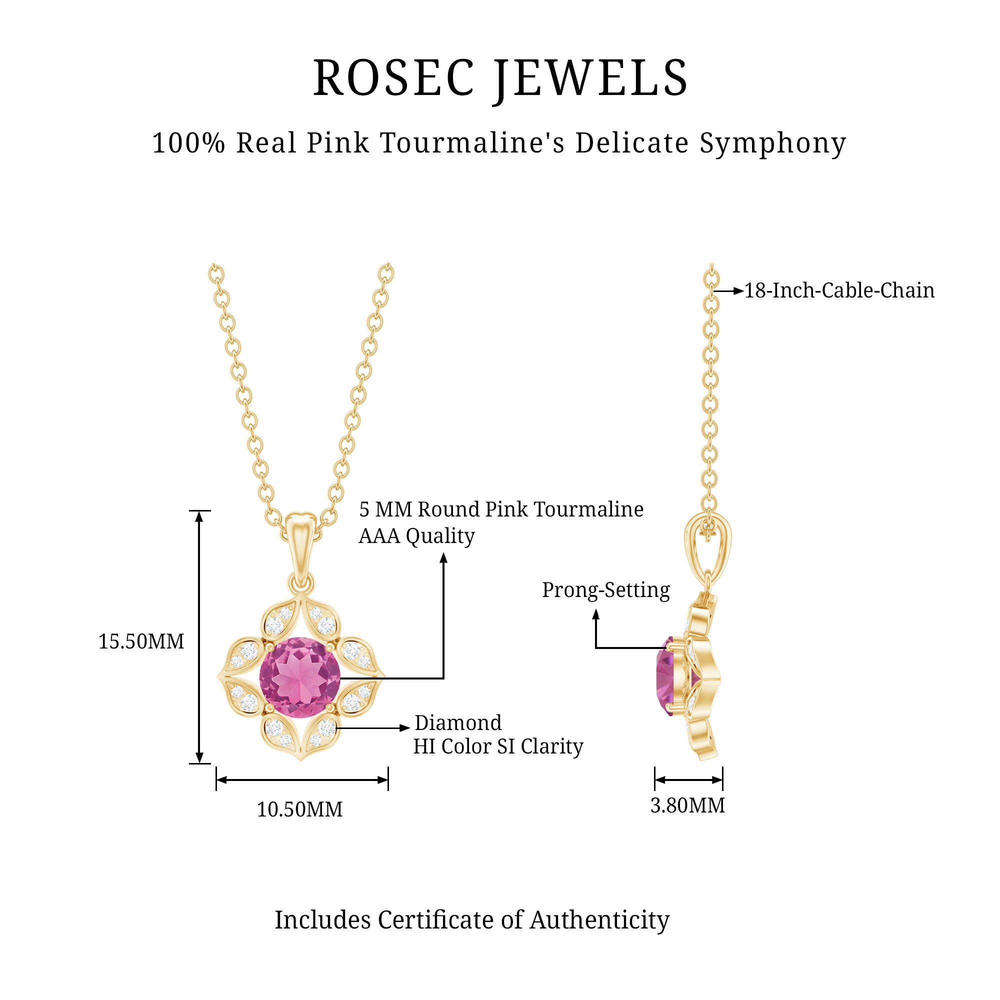 Pink Tourmaline Pendant – Vintage Style Necklace With Diamond Floral Design
