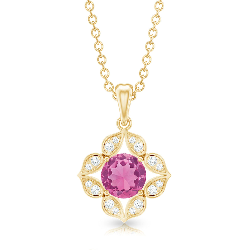 Pink Tourmaline Pendant – Vintage Style Necklace With Diamond Floral Design