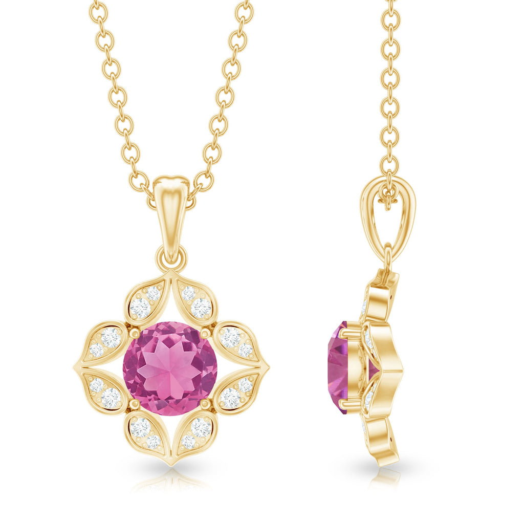 Pink Tourmaline Pendant – Vintage Style Necklace With Diamond Floral Design