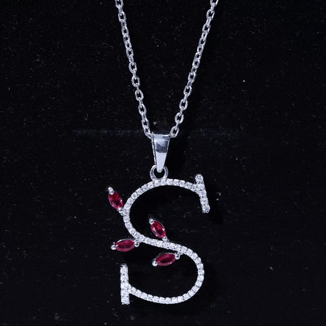 Lab Grown Ruby Necklace – Letter S Initial Pendant With Diamond & Marquise Cut Ruby
