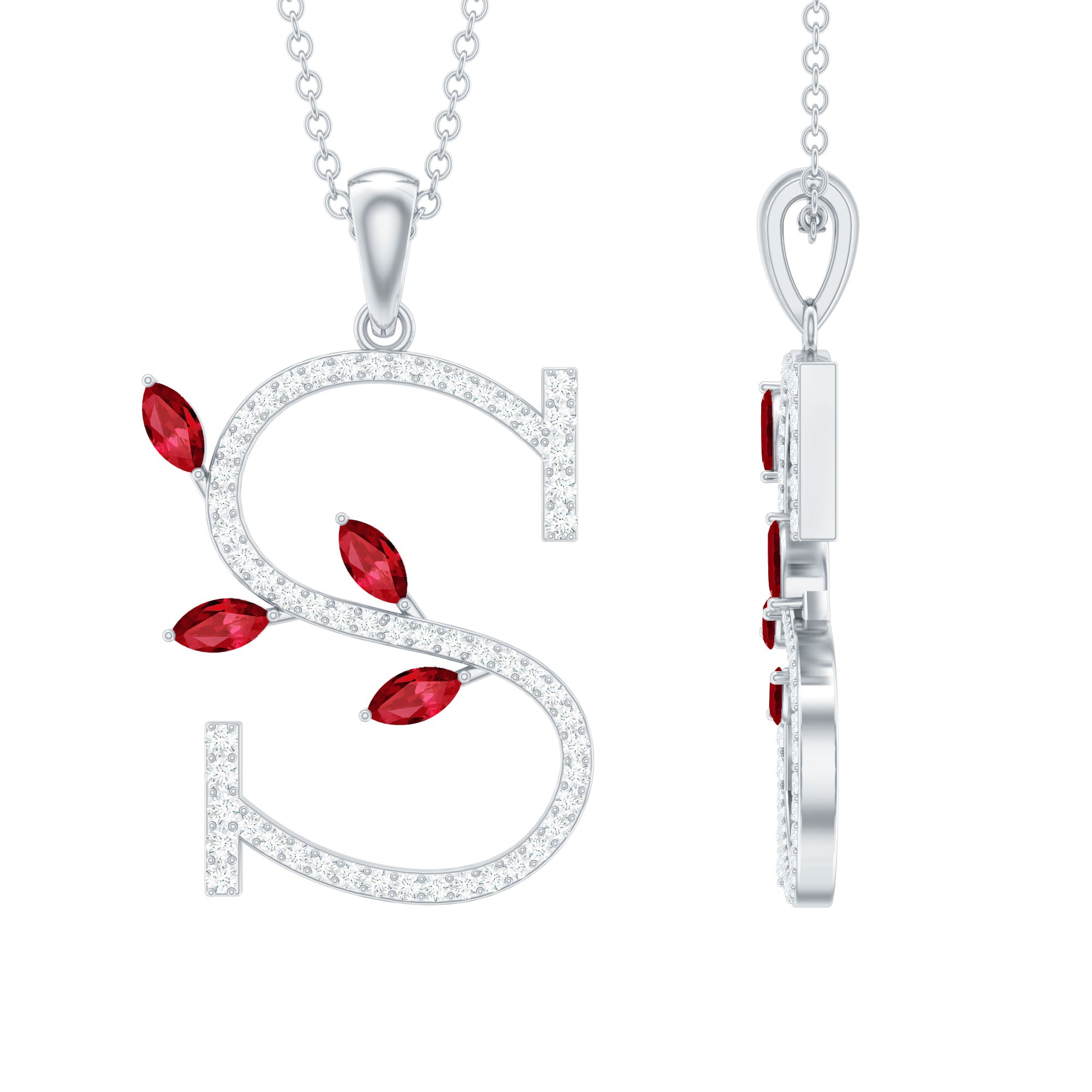 Lab Grown Ruby Necklace – Letter S Initial Pendant With Diamond & Marquise Cut Ruby