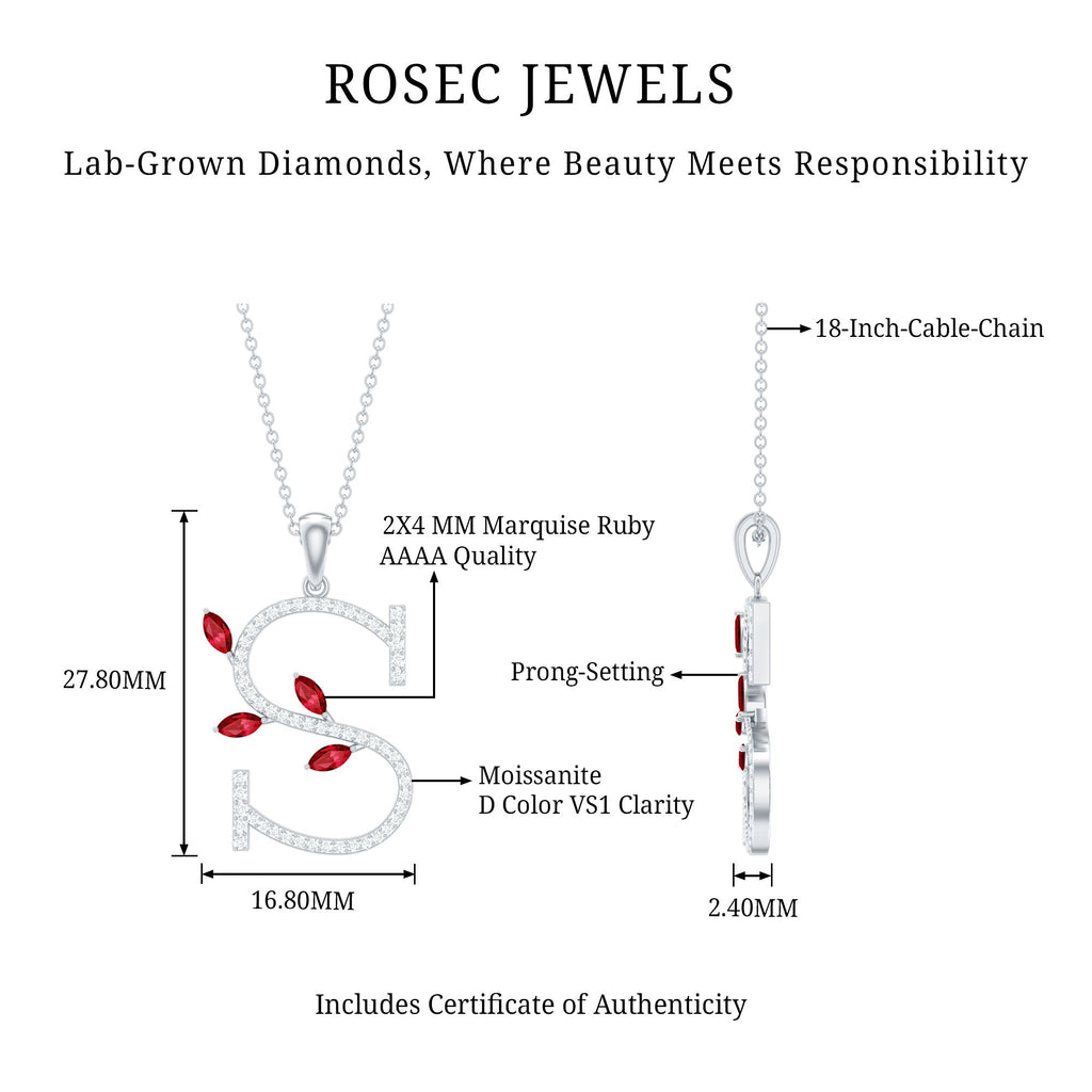 Lab Grown Ruby Necklace – Letter S Initial Pendant With Diamond & Marquise Cut Ruby
