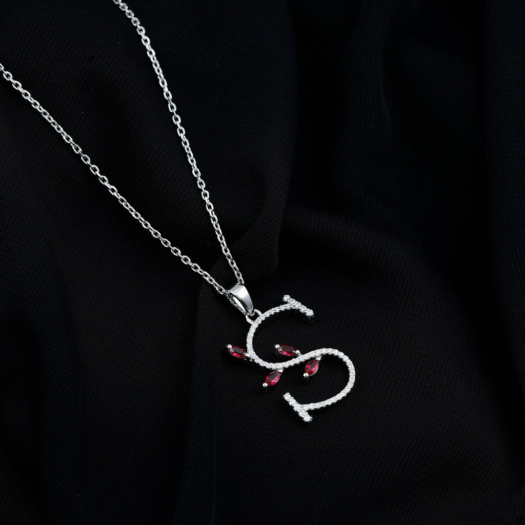 Lab Grown Ruby Necklace – Letter S Initial Pendant With Diamond & Marquise Cut Ruby