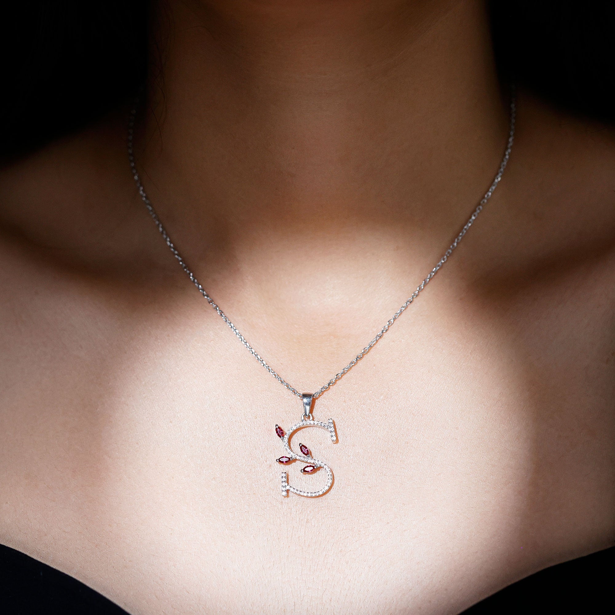 Lab Grown Ruby Necklace – Letter S Initial Pendant With Diamond & Marquise Cut Ruby
