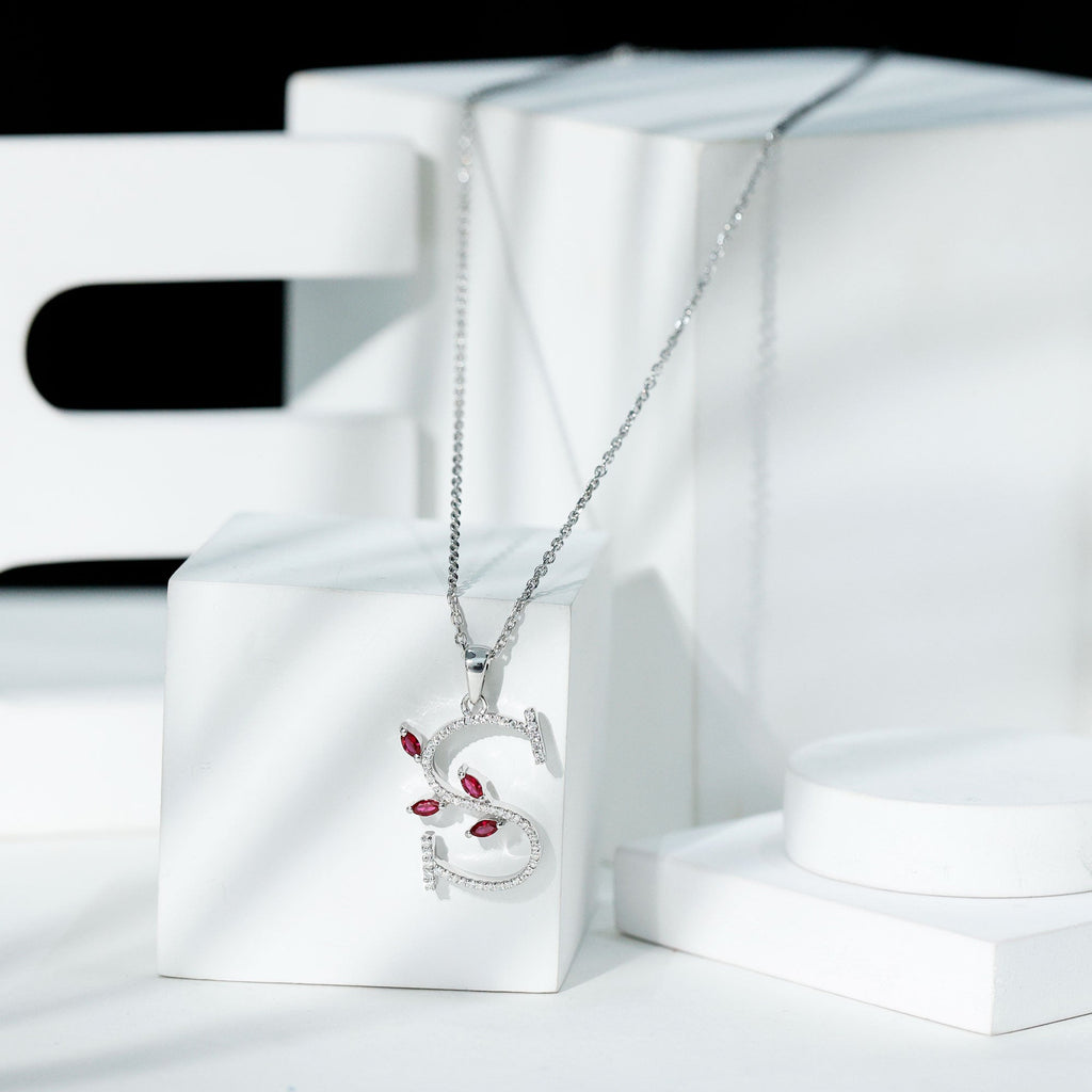 Lab Grown Ruby Necklace – Letter S Initial Pendant With Diamond & Marquise Cut Ruby