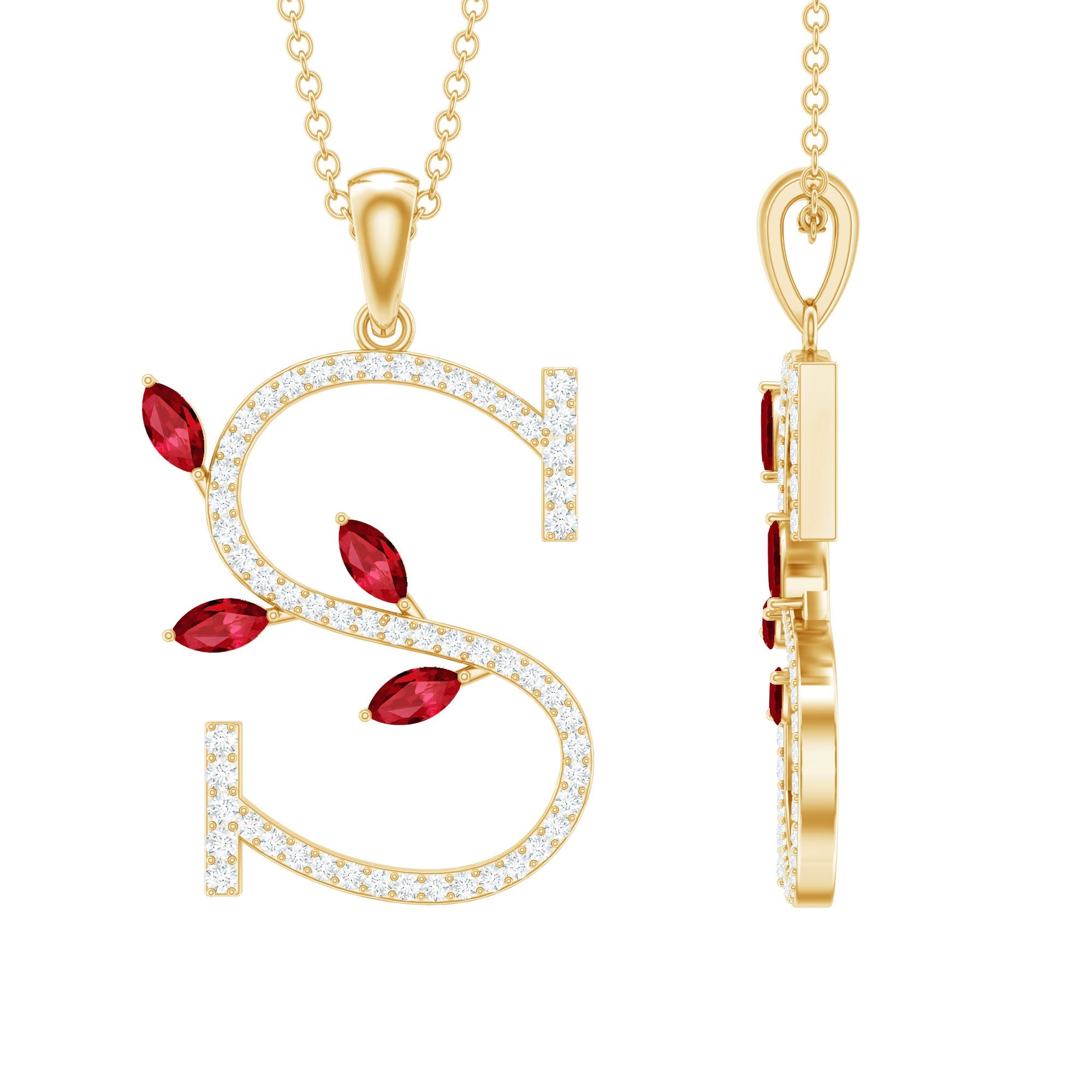 Lab Grown Ruby Necklace – Letter S Initial Pendant With Diamond & Marquise Cut Ruby