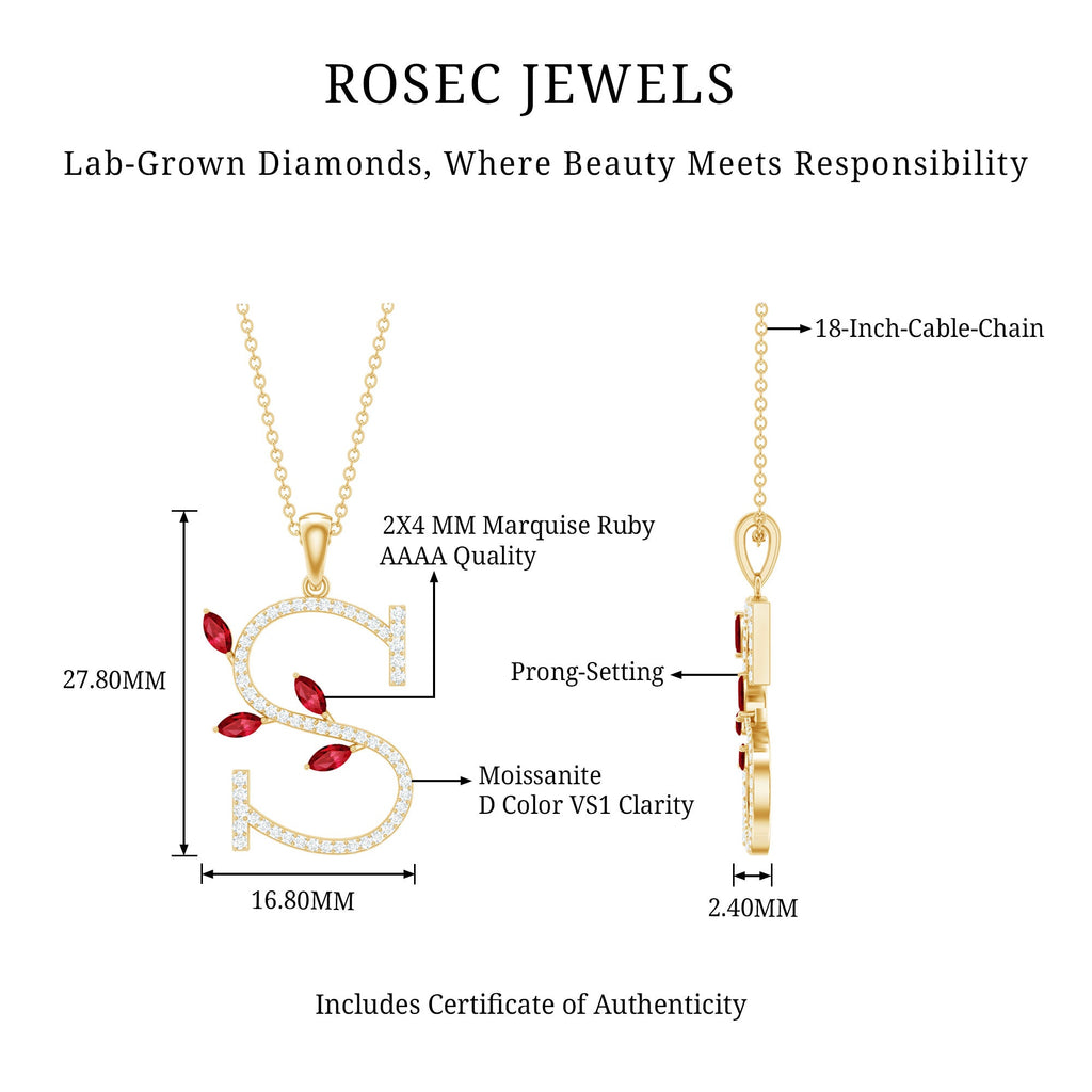 Lab Grown Ruby Necklace – Letter S Initial Pendant With Diamond & Marquise Cut Ruby