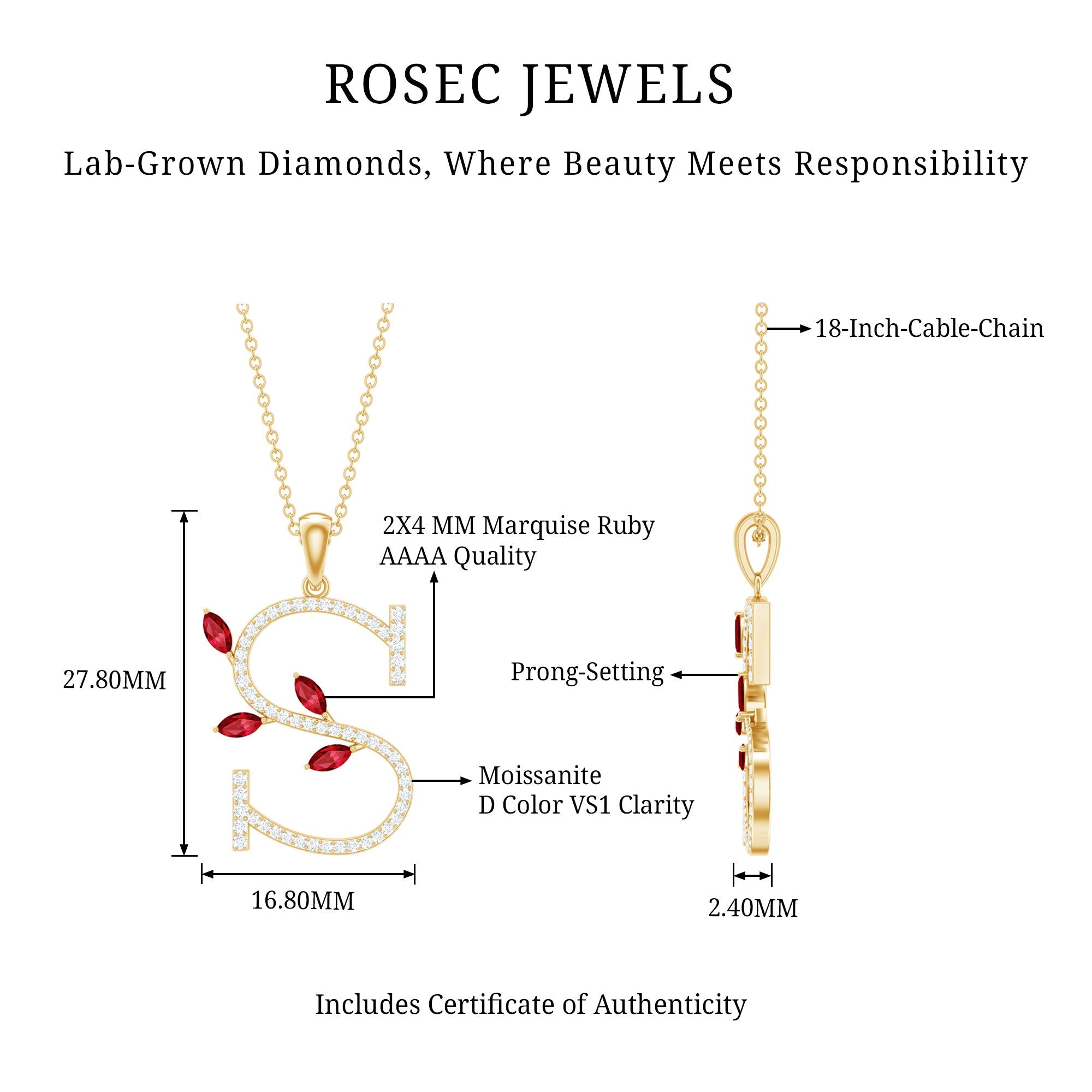 Lab Grown Ruby Necklace – Letter S Initial Pendant With Diamond & Marquise Cut Ruby