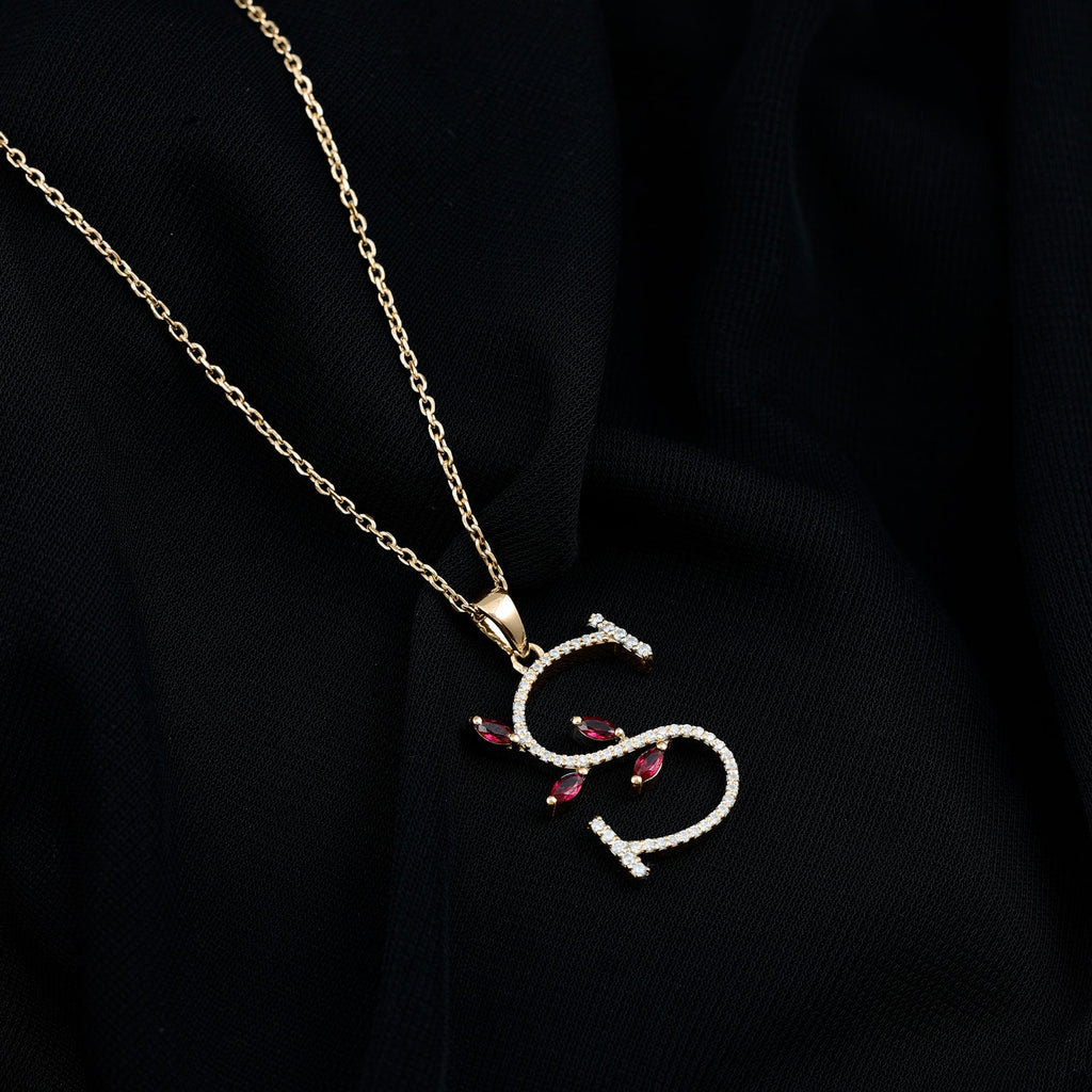 Lab Grown Ruby Necklace – Letter S Initial Pendant With Diamond & Marquise Cut Ruby