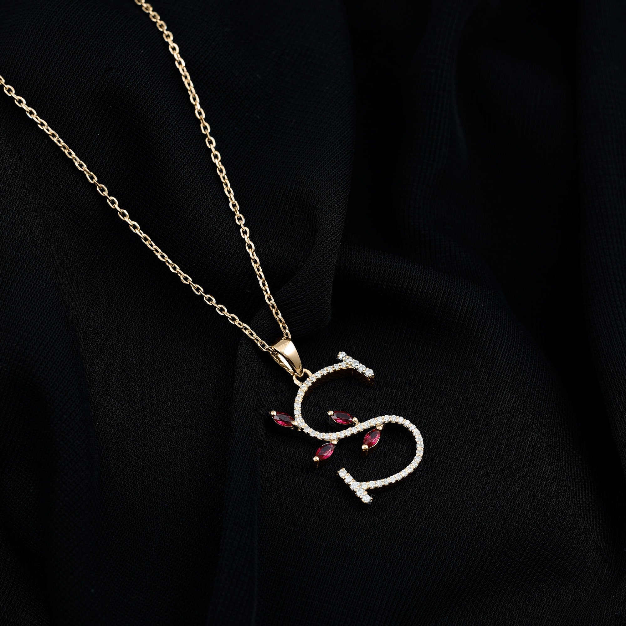 Lab Grown Ruby Necklace – Letter S Initial Pendant With Diamond & Marquise Cut Ruby