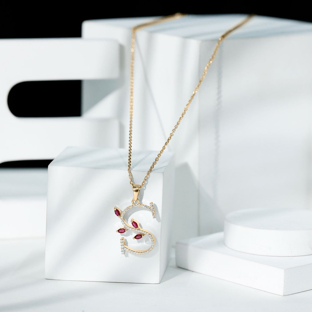 Lab Grown Ruby Necklace – Letter S Initial Pendant With Diamond & Marquise Cut Ruby